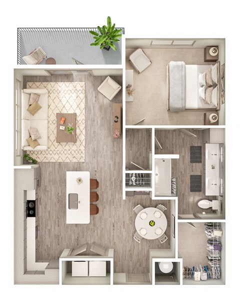 Floor plan for 1 bed, 1 bath, 909 sqft